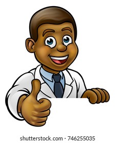 A cartoon scientist professor wearing lab white coat peeking above sign and giving a thumbs up