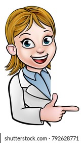 A cartoon scientist professor wearing lab white coat peeking around sign and pointing at it