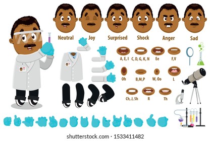 Cartoon scientist, researcher constructor for animation. Parts of body: legs, arms, face emotions, hands gestures, lips sync. Full length, front, three quater view. Set of ready to use poses, objects.