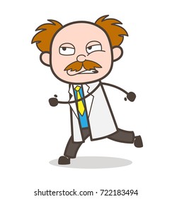 Cartoon Scientist Running in Aggression Vector Illustration