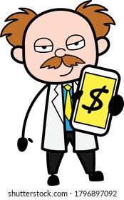 Cartoon Scientist Showing Money in Cell Phone Character Design Illustration