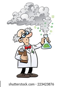 Cartoon scientist with smoking flask