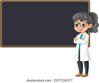 Cartoon scientist standing beside a blank chalkboard