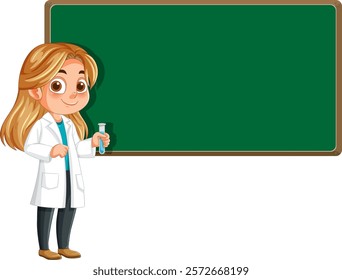 Cartoon scientist with test tube and chalkboard