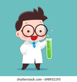 Cartoon Scientist With Test Tube And Science Experiments, Idea Concept With Character Design, Vector Illustration 10 EPS