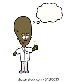 cartoon scientist with thought bubble and huge brain