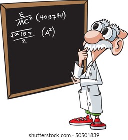 Cartoon scientist. Vector file. Scientist and chalkboard are on separate layers.