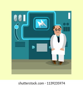 A cartoon scientist in a white coat is standing next to the complex equipment. Vector illustration