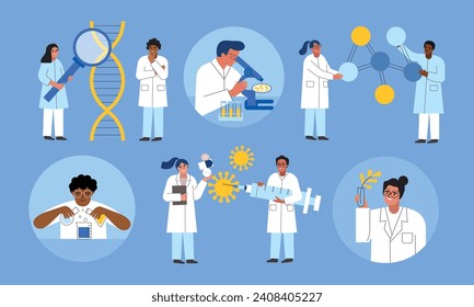 Cartoon scientists characters. Chemical laboratory workers, lab researchers, antiviral remedies invention, studying bacteria, vector set.eps
