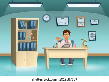 Cartoon scientists composition laboratory employee is studying something or conducting an experiment in his office vector illustration