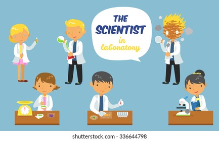 cartoon scientists set  in laboratory, vector illustration