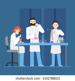 Cartoon Scientists Working at Lab Concept Scene Research or Experiment Element Flat Design Style. Vector illustration of Laboratory