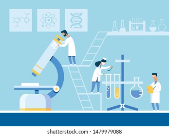 Cartoon Scientists Working on New Pharmaceuticals Creation. Bearded Man in Uniform Looks via Microscope, Woman Researcher Mixes Reagents in Test Tubes, Doctor Notes Results. Vector Flat Illustration