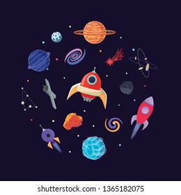Cartoon sci-fi space background. Vector Illustration.