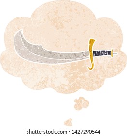 cartoon scimitar with thought bubble in grunge distressed retro textured style