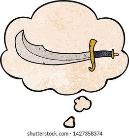 cartoon scimitar with thought bubble in grunge texture style