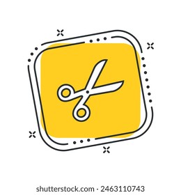 Cartoon scissor vector illustration. Shear on isolated yellow square background. Snip sign concept.