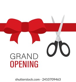 Cartoon scissors cutting red ribbon with bow. Ceremony event, grand opening, presentation in flat style. Design template isolated on white background. Place for text. Vector illustration