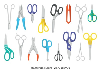 Cartoon scissors. Different types scissor collection. Isolated closed open tools for cut paper fabric carton. Tool for workshop, flat neoteric vector clipart