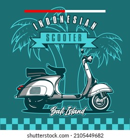 cartoon scooter with coconut tree, t-shirt design, biker, motorcycle club, patch, naked bike, cool helmet, arai, shoei, ls2, agv, panhead, knucklehead, supermoto, vespa, lambretta, vector templates