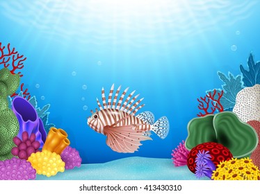 Cartoon Scorpion fish with beautiful underwater world