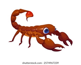 Cartoon scorpion funny insect character with big blue eyes dangerous sting and claws. Isolated vector desert pest predator, poisonous animal personage for children books or games, zodiac symbol