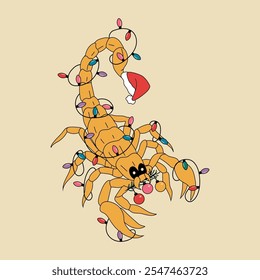 A cartoon scorpion wearing a Santa hat and holding Christmas lights