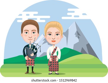 Cartoon Scotland People - Scottish Man and Woman Illustration