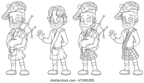 Cartoon scottish with bagpipe black and white character vector set for coloring