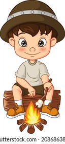 Cartoon scout boy roasting a marshmallow