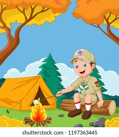 Cartoon scout roasting marshmallow