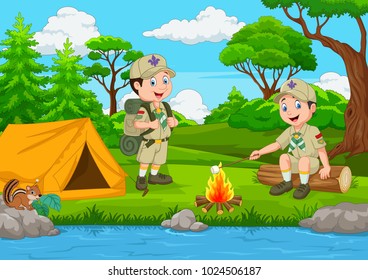 Cartoon Scout With Tent And Camp Fire