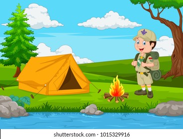 Cartoon scout with tent and fire
