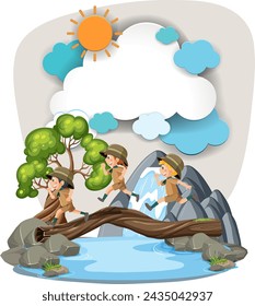 Cartoon scouts crossing a river on a log bridge.