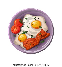 Cartoon scrambled eggs with bacon and tomatoes.