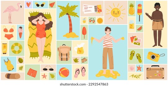 Cartoon scrapbook summertime collection with sunbathing people in bikini, luggage, exotic dessert and drink in geometric collage background. Sea beach party, summer vacation set vector illustration