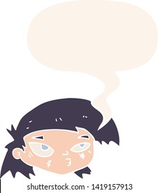cartoon scratched up face with speech bubble in retro style