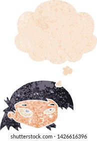 caricatura rascada cara con burbuja de pensamiento en un estilo retro angustiado y con texturas estrafalarias