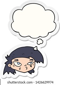 cartoon scratched up face with thought bubble as a printed sticker