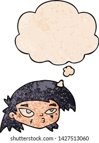 cartoon scratched up face with thought bubble in grunge texture style