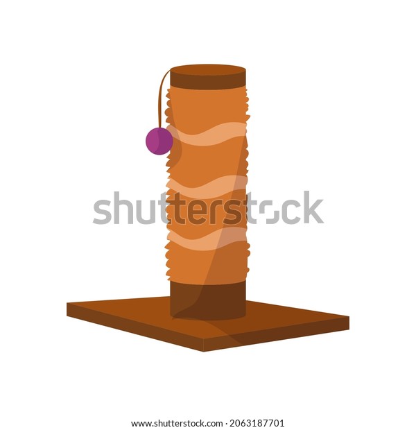 Cartoon scratching post for home cats. Veterinary
shop merchandise. Isolated grooming pet equipment for kitty paw
claws sharpening. Domestic animals toy. Vector rope column with
ball