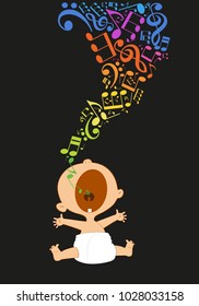 Cartoon screaming child. Kid with notes