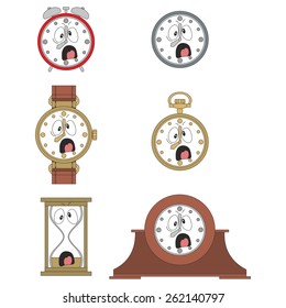 Cartoon screaming clock or watch face smiles illustration 09