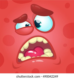 Cartoon screaming monster face. Vector Halloween red angry monster avatar 