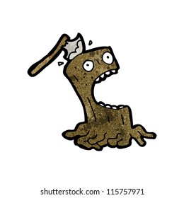 cartoon screaming tree stump with axe