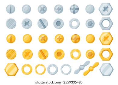 Cartoon screw heads. Industrial screws bolts top view, steel chrome bronze nut pin construction fasteners head set hexagon or cross rivet gold brass tools, neat vector illustration original artwork