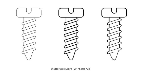 Cartoon screw for screwdriver set. Construction screws. Screwdrivers tools. Repair and renovation concept. Self drilling screw or self-tapping screw. For service toolbox or toolkit. Hand tool. 