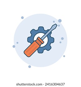 Cartoon screwdriver with gear icon vector illustration. Tools on bubbles background. Settings sign concept.