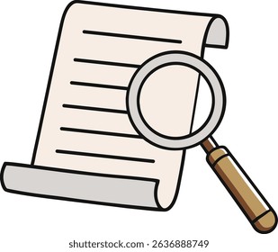 Cartoon scroll with magnifying glass symbolizing research, inspection, or document analysis. Great for educational, legal, or business themes. Fun, minimal vector style for creative projects.