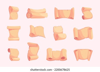 Cartoon scrolls. Ancient egypt papyrus paper roll, vintage parchment manuscript certificate treasure map for 2d game design. Vector isolated set. Historical document or treasure map